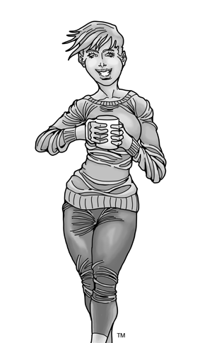 Cartoon woman holding a coffee mug in both hands.