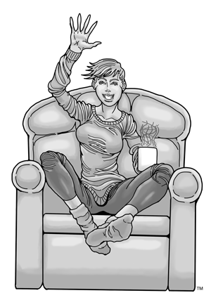 Cartoon woman sitting on a sofa chair and holding a steaming cup of coffee.