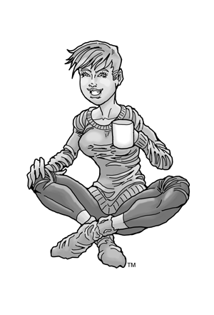 Cartoon woman sitting cross legged while holding a white coffee mug.