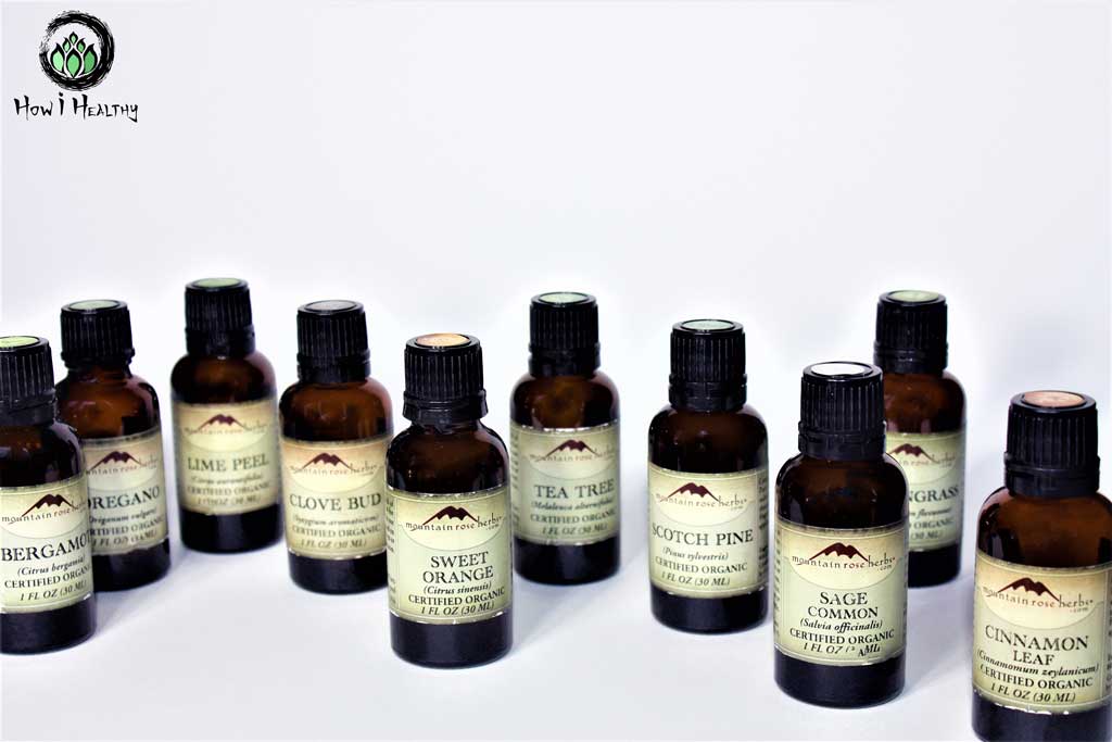 Mountain Rose Herbs® Essential oils in amber glass bottles.