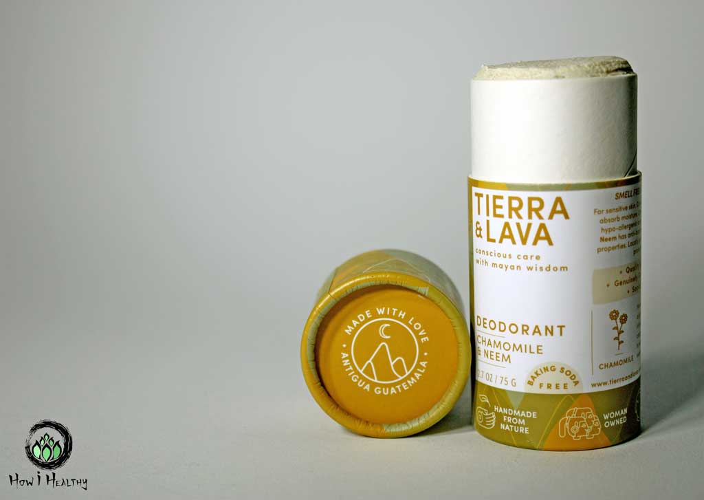 Tierra and Lava plastic-free stick deodorant with lid off.