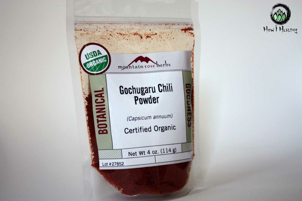 Mountain Rose Herbs® red gochugaru powder in bag.