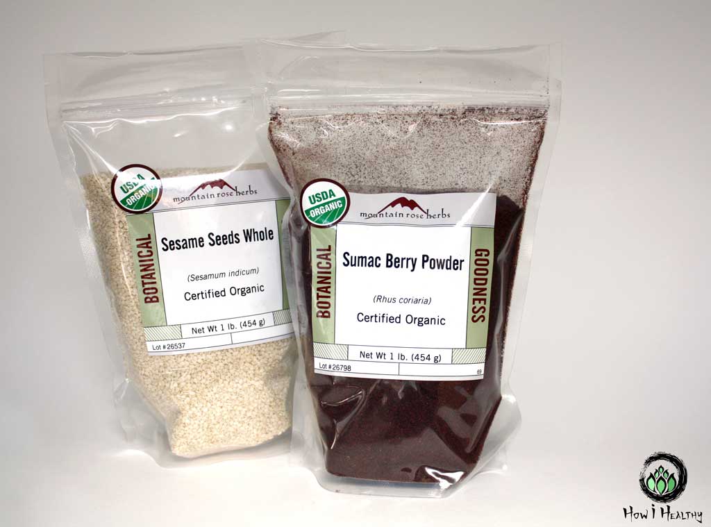 Mountain Rose Herbs® sesame and sumac spices in bag.