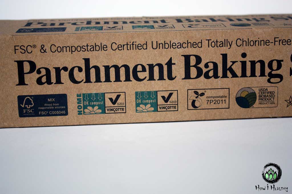 Compostable baking parchment box with eco-labels