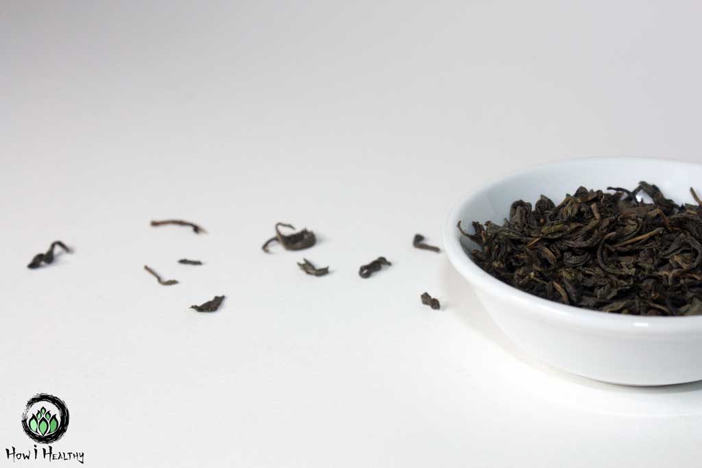 Mountain Rose Herbs tea leaves in a white dish.