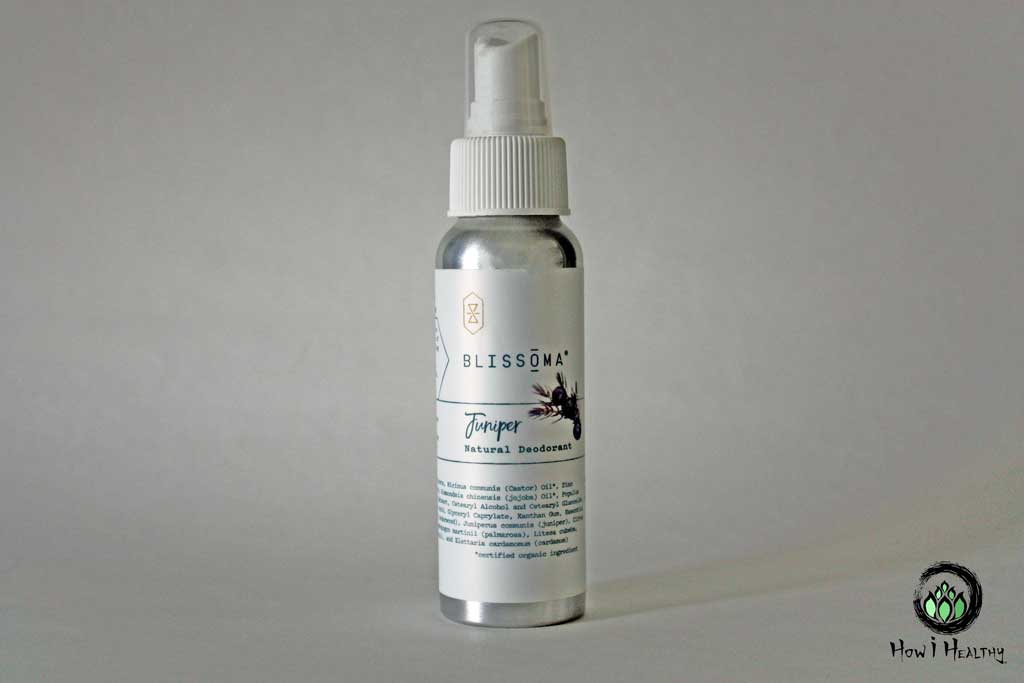 Blissoma® aluminum bottle natural spray deodorant in juniper scent.