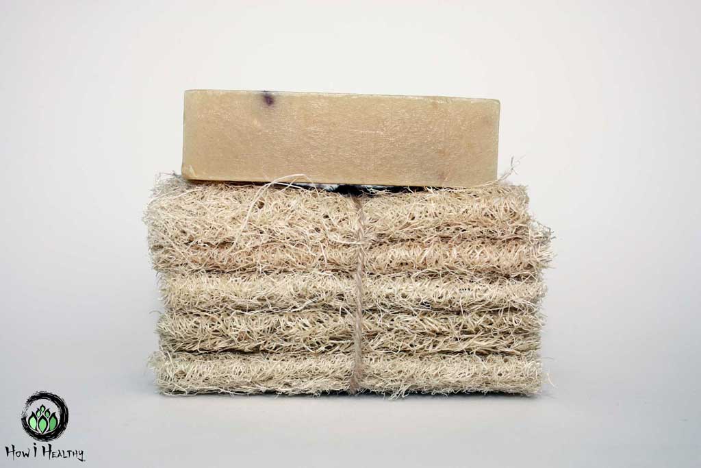 Bar soap on a stack of dry loofah sponges.