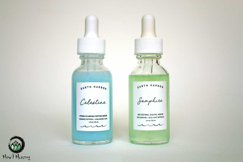 Earth Harbor face serums in glass dropper bottles.