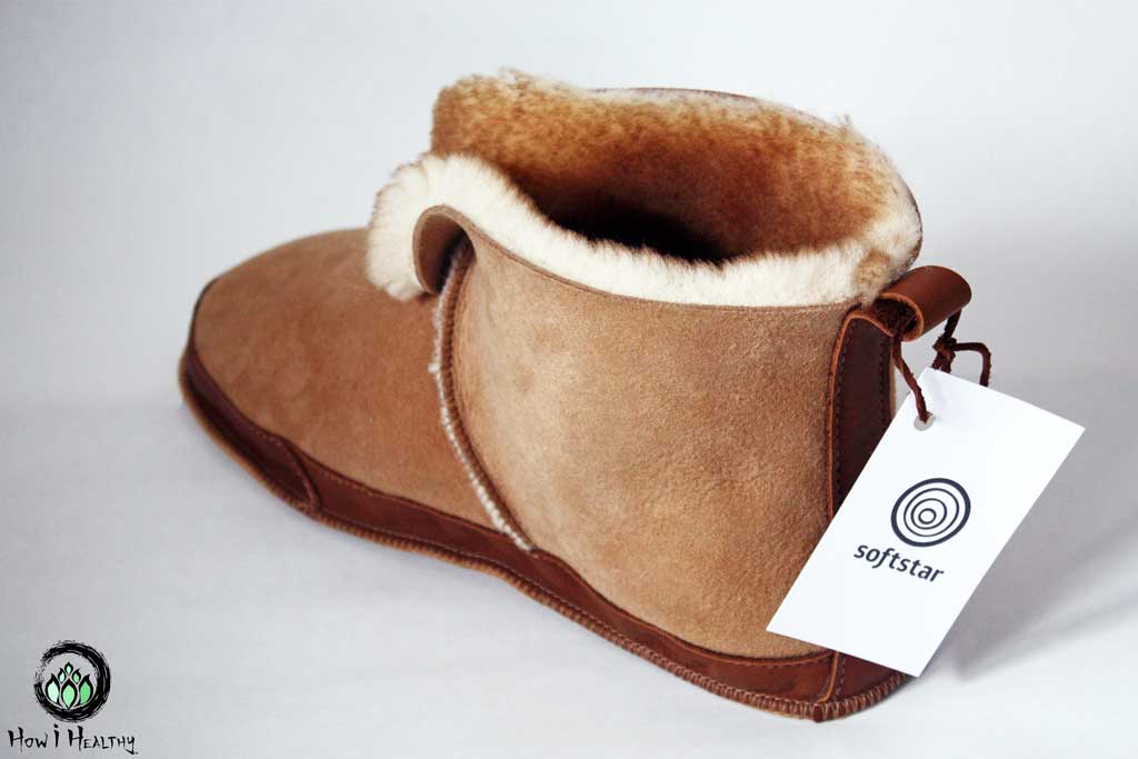 Softstar Shoes sheepskin slipper with Softstar tag.