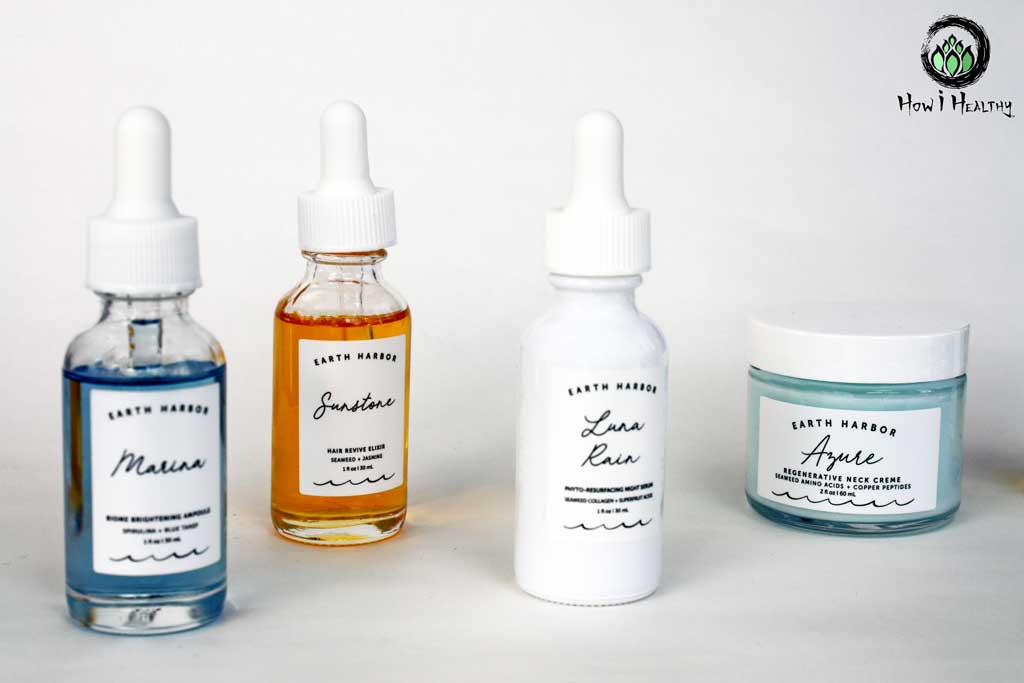 Earth Harbor neck cream with other serum bottles.